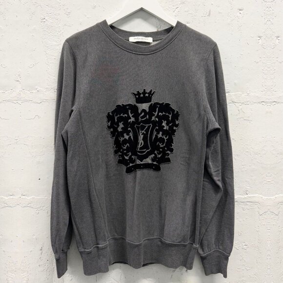 YVES SAINT LAUREN RIVE GAUCHE Gray Cotton Blend Black Crest YSL Logo Sweatshirt - Picture 1 of 5